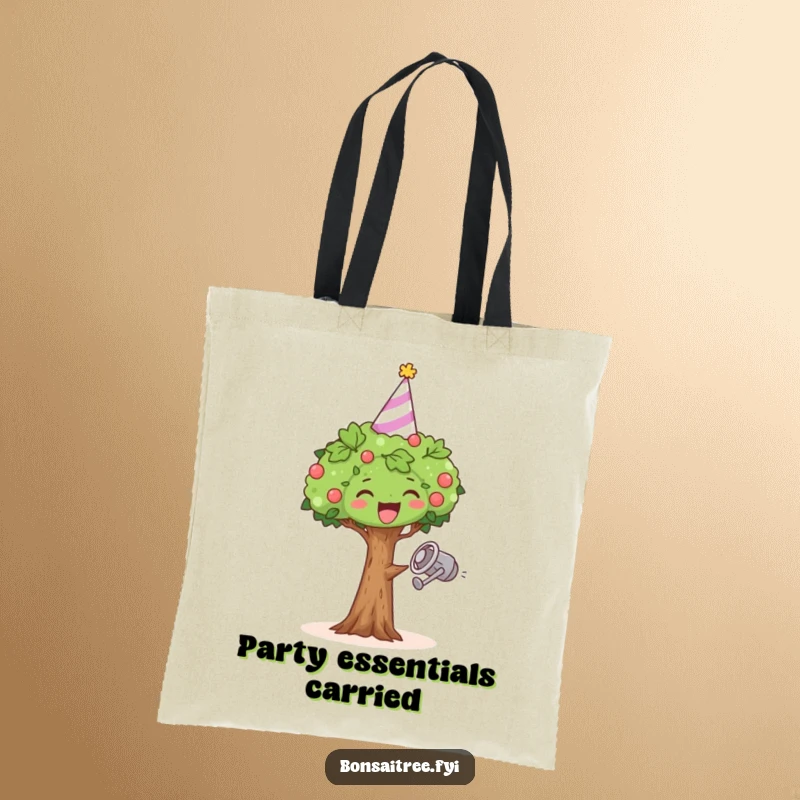 Funny tote bag featuring a small bonsai tree in a party hat, joyfully dancing with a watering can.