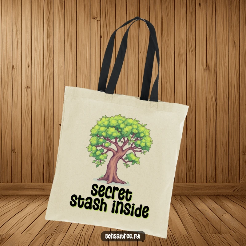Funny tote bag featuring a small bonsai tree leaning in, appearing to tell a secret. A practical and mysterious accessory for daily use.