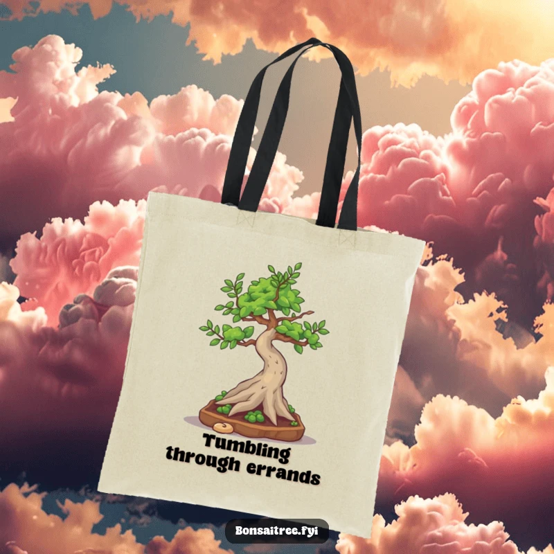 Funny bonsai tree character attempting a silly little somersault, ready for errands on a fun tote bag.